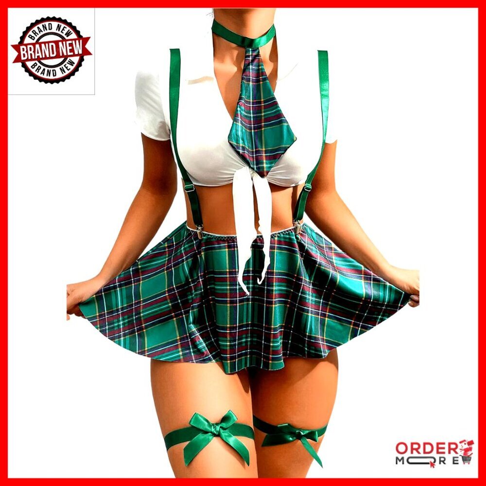 5-Piece Cosplay Costume Set, Tie Crop Top & Plaid Skirt, Adjustable Suspenders